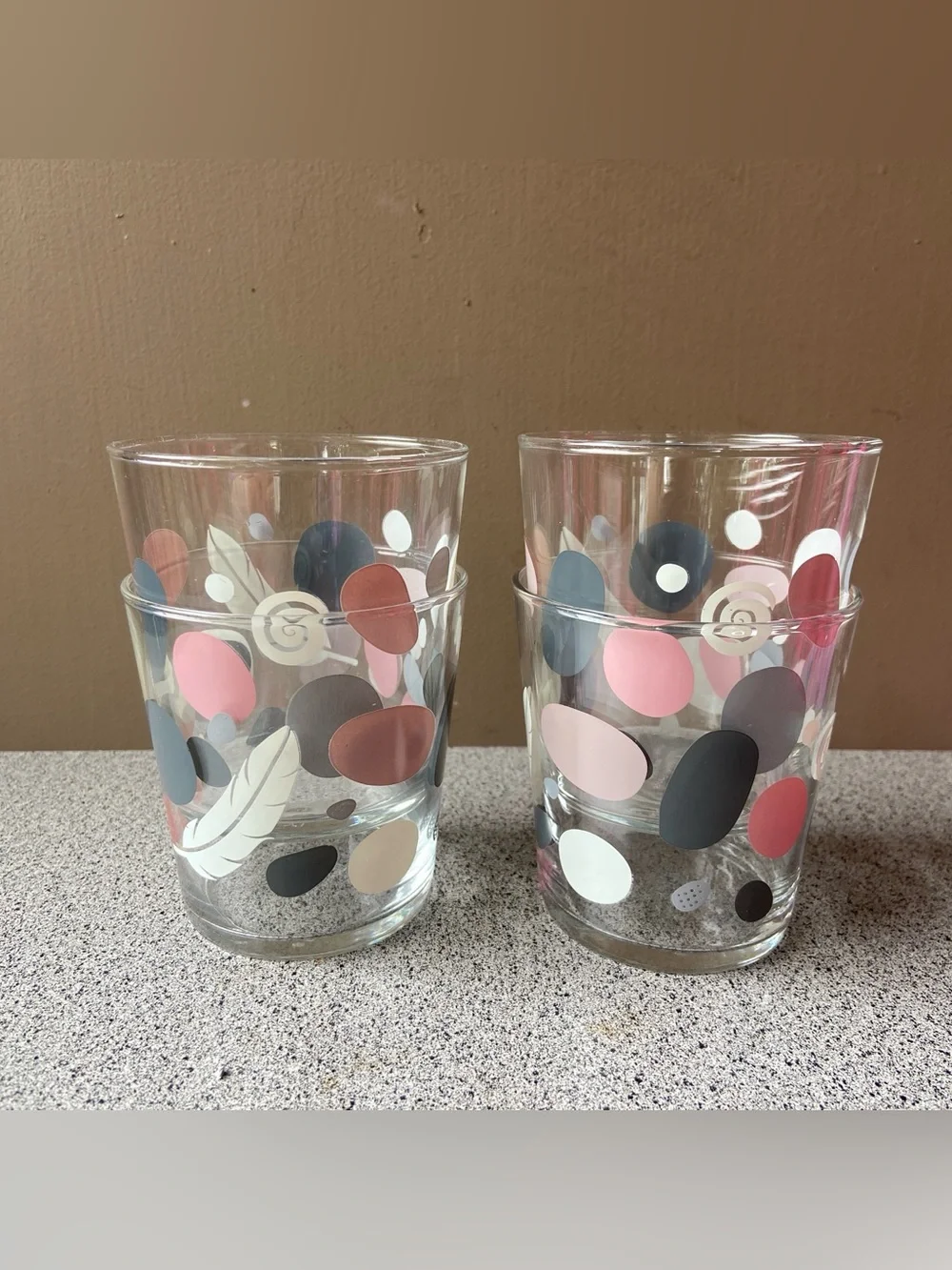 Set of 4 IKEA Sommarflox 10 oz Drinking Glasses Feather Multicolored Dots France